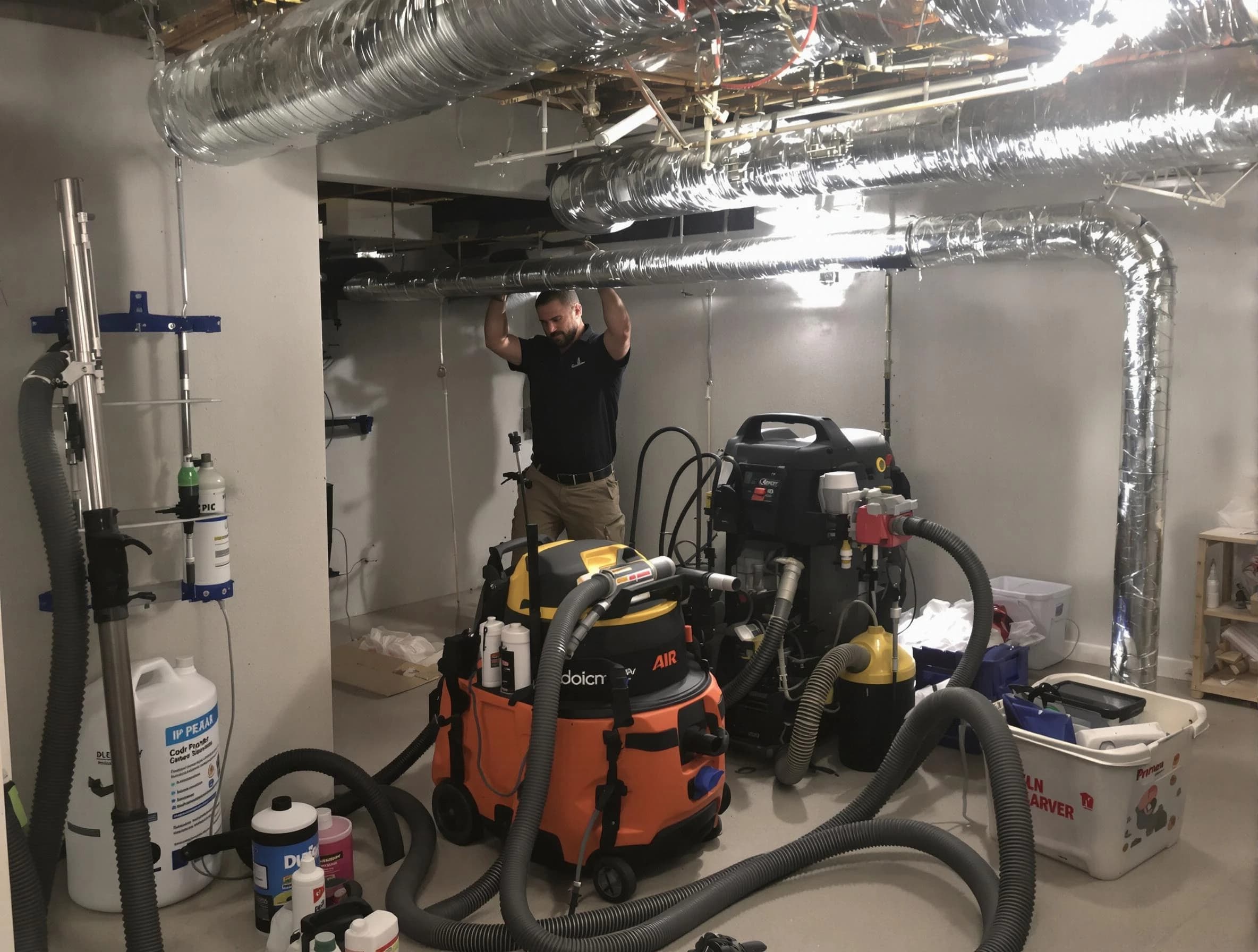 Greensburg Air Duct Cleaning specialist performing professional mold removal from air ducts using safety equipment in Greensburg