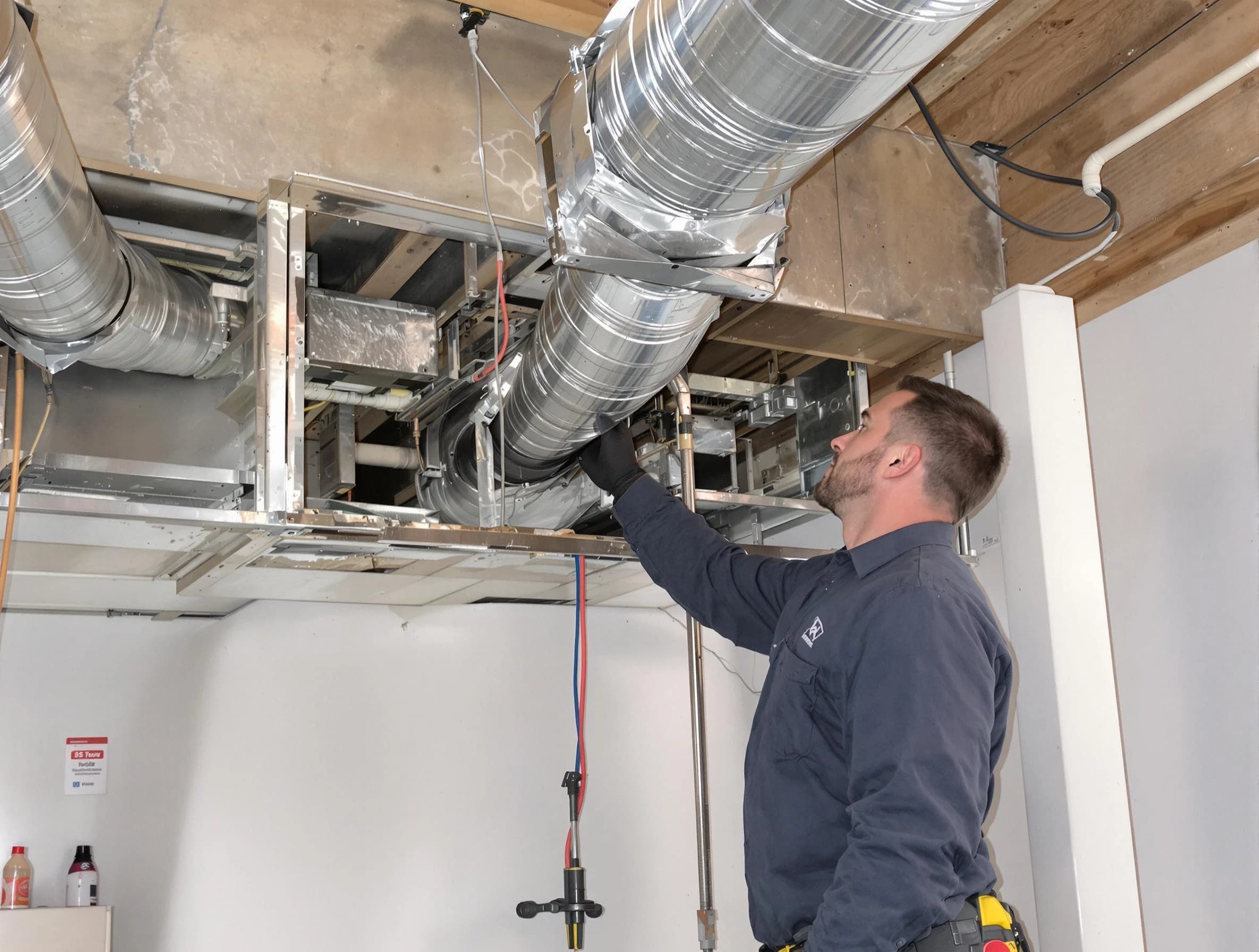 Greensburg Air Duct Cleaning technician performing professional air duct repair using specialized tools in Greensburg