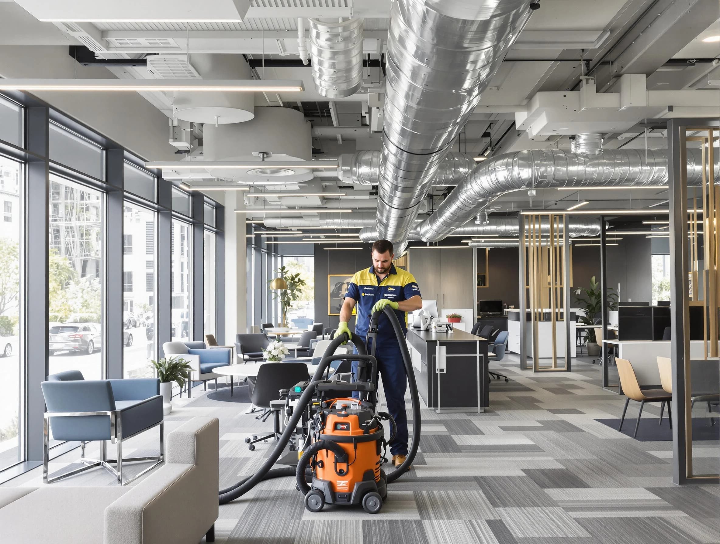 Greensburg Air Duct Cleaning team performing thorough commercial duct cleaning at a Greensburg business center